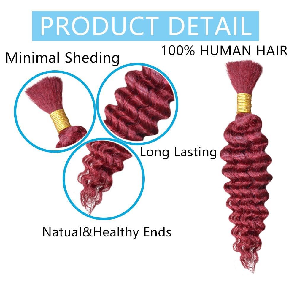 LUXLUSH Burgundy Human Braiding Hair 16 Inch 50 g 1 Bundle Deep Water Wave Bulk Human Hair for Braiding Curly Human Hair for Boho Braids Wet and Wavy Human Hair Extensions No Weft Micro Braiding Hair