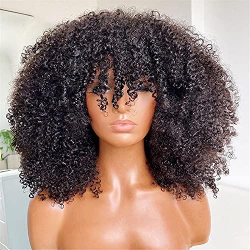 Fabutio Afro Kinky Curly Mongolian Human Hair Wig For Black Women 200% Density Glueless Bob Fake Scalp Wig Natural Black Brazilian Hair Fringe Unit Thick Girls African Hairstyle 24 Inch