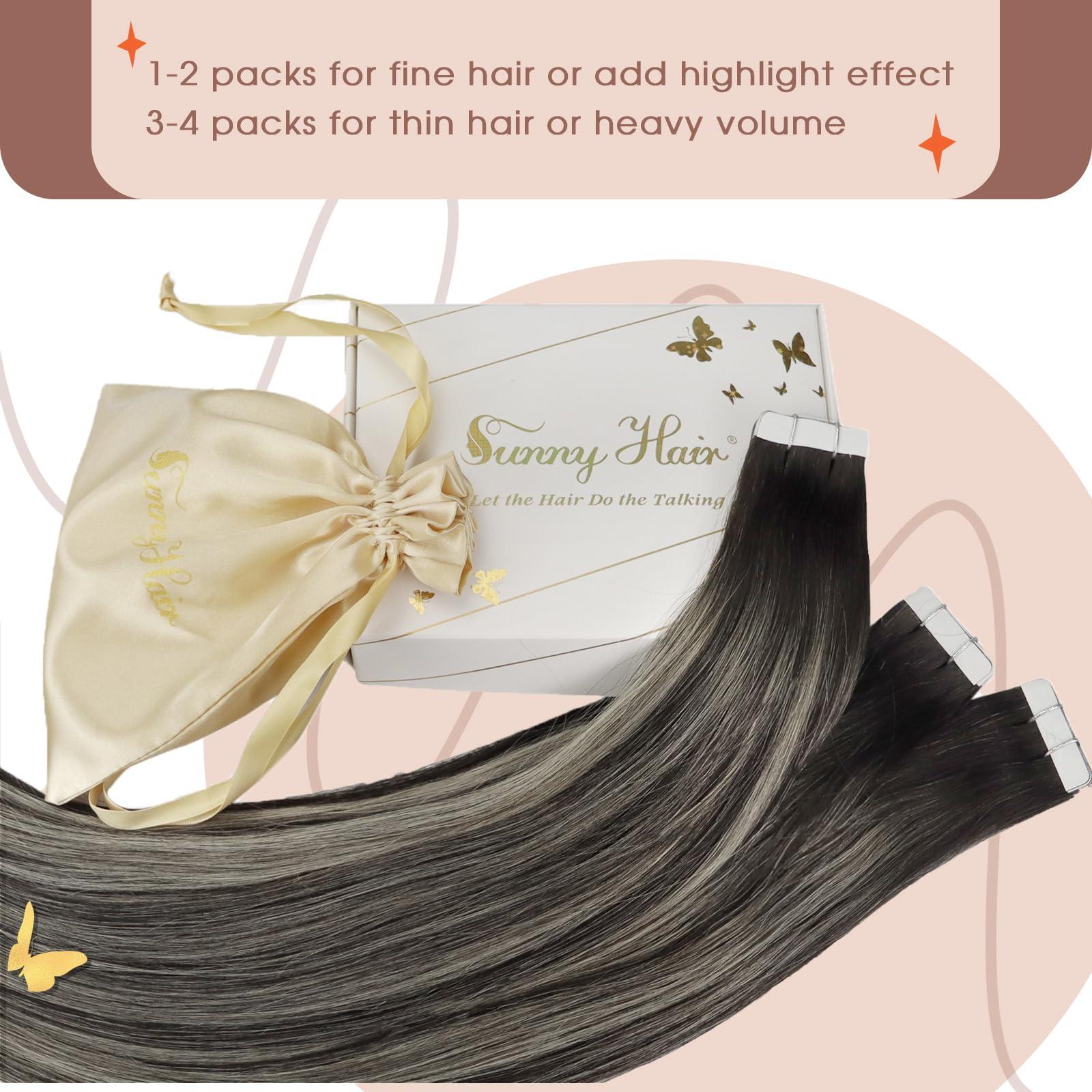 Sunny Hair Sunny Hair Extensions Real Human Hair Tape in Black Ombre Tape in Hair Extensions Human Hair Black Roots to Silver Grey Balayage Tape in Extensions Straight Hair Extension Black Ombre 20pcs 50g 20inch