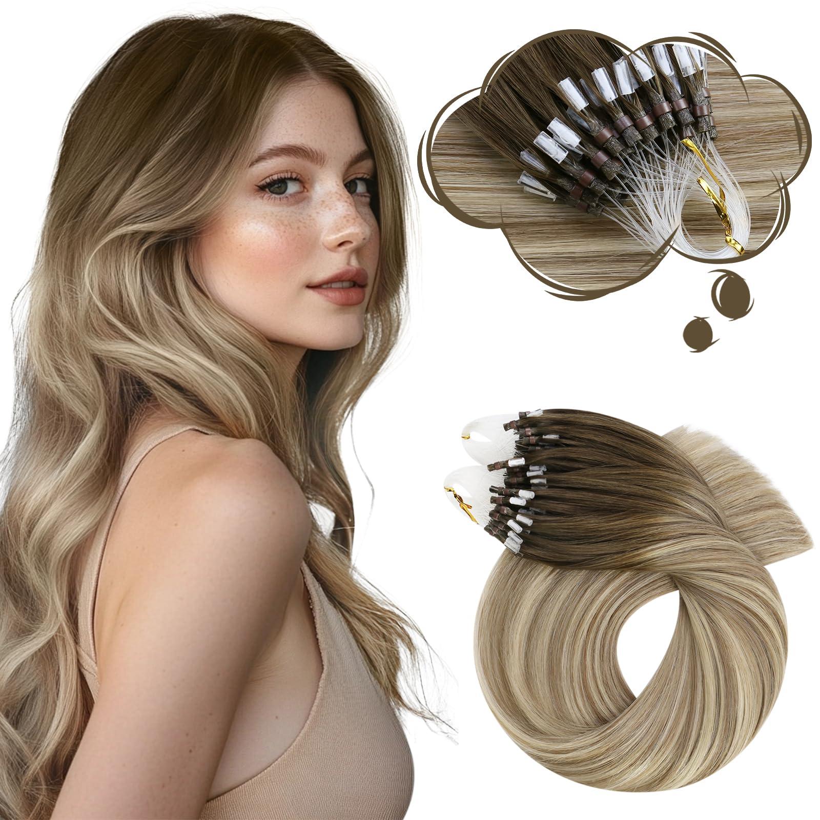 Moresoo Moresoo Micro Link Hair Extensions Ombre Dark Brown to Blonde Micro Loop Human Hair Extensions Balayage Brown Straight Microlink Hair Extensions Human Hair 14 Inch 50G/50S