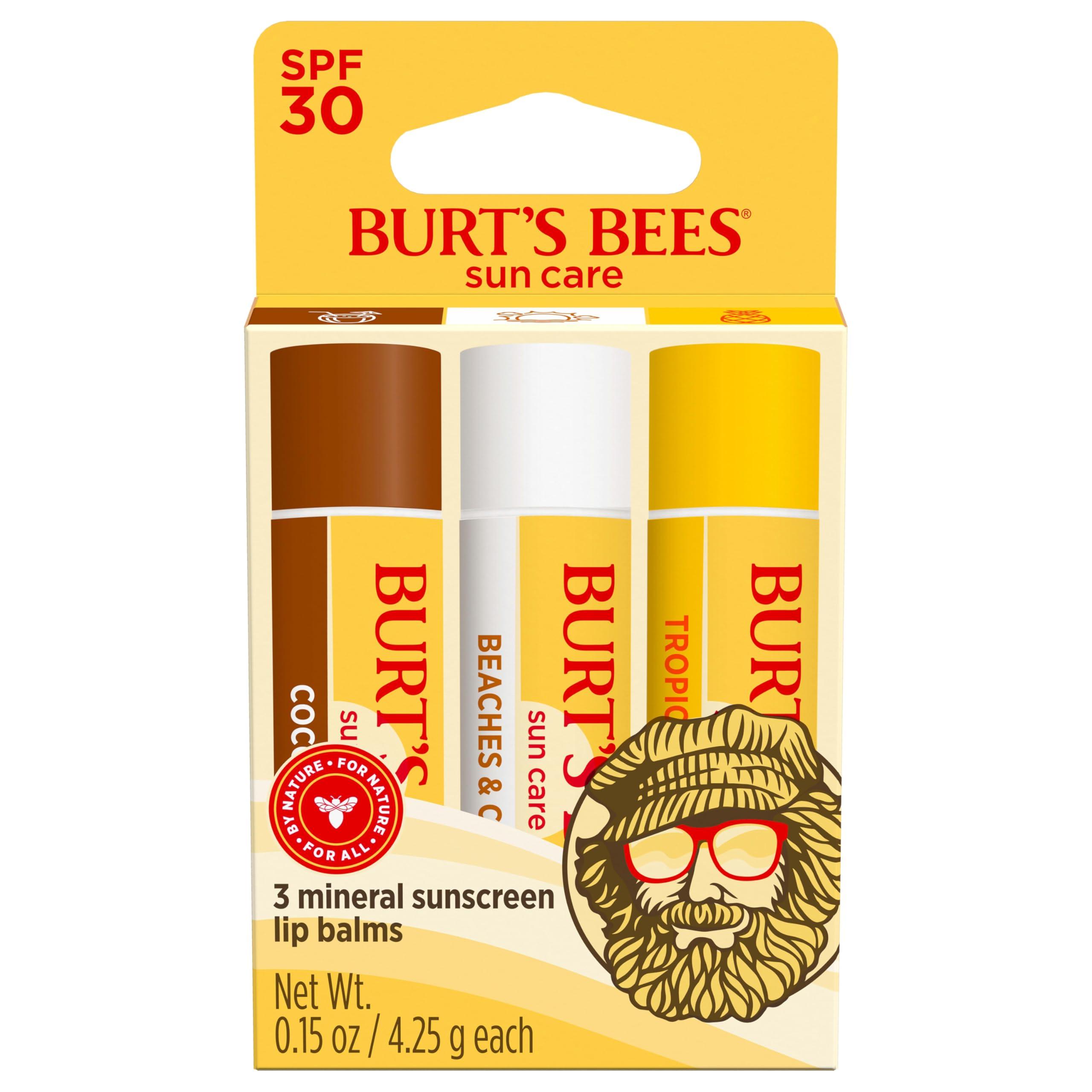 Burt\'s Bees Burt\'s Bees Island Getaway Sun Care SPF 30 Lip Balm Stocking Stuffers, Water-Resistant Lip Moisturizer Christmas Gifts, Nano-Free Zinc Oxide Formula, Natural Conditioning Lip Treatment (3-Pack)
