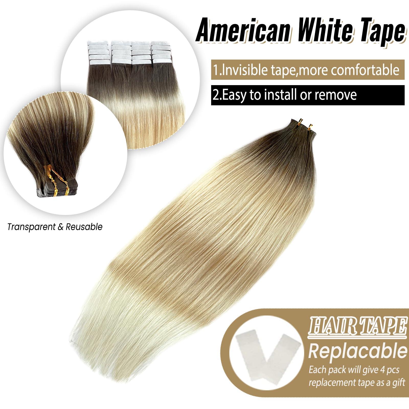 Munx Tape Ins Human Hair Extensions 22inch Omber Flax Brown to Platinum Blonde Silky Straight Brazilian Double Sided Tape in Extensions Human Hair Tape in Extensions