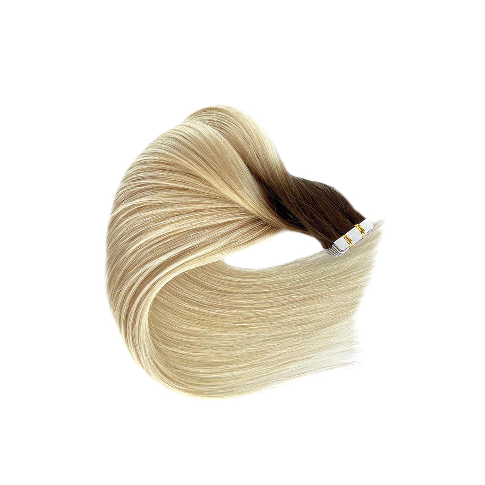 Munx Tape Ins Human Hair Extensions 22inch Omber Flax Brown to Platinum Blonde Silky Straight Brazilian Double Sided Tape in Extensions Human Hair Tape in Extensions
