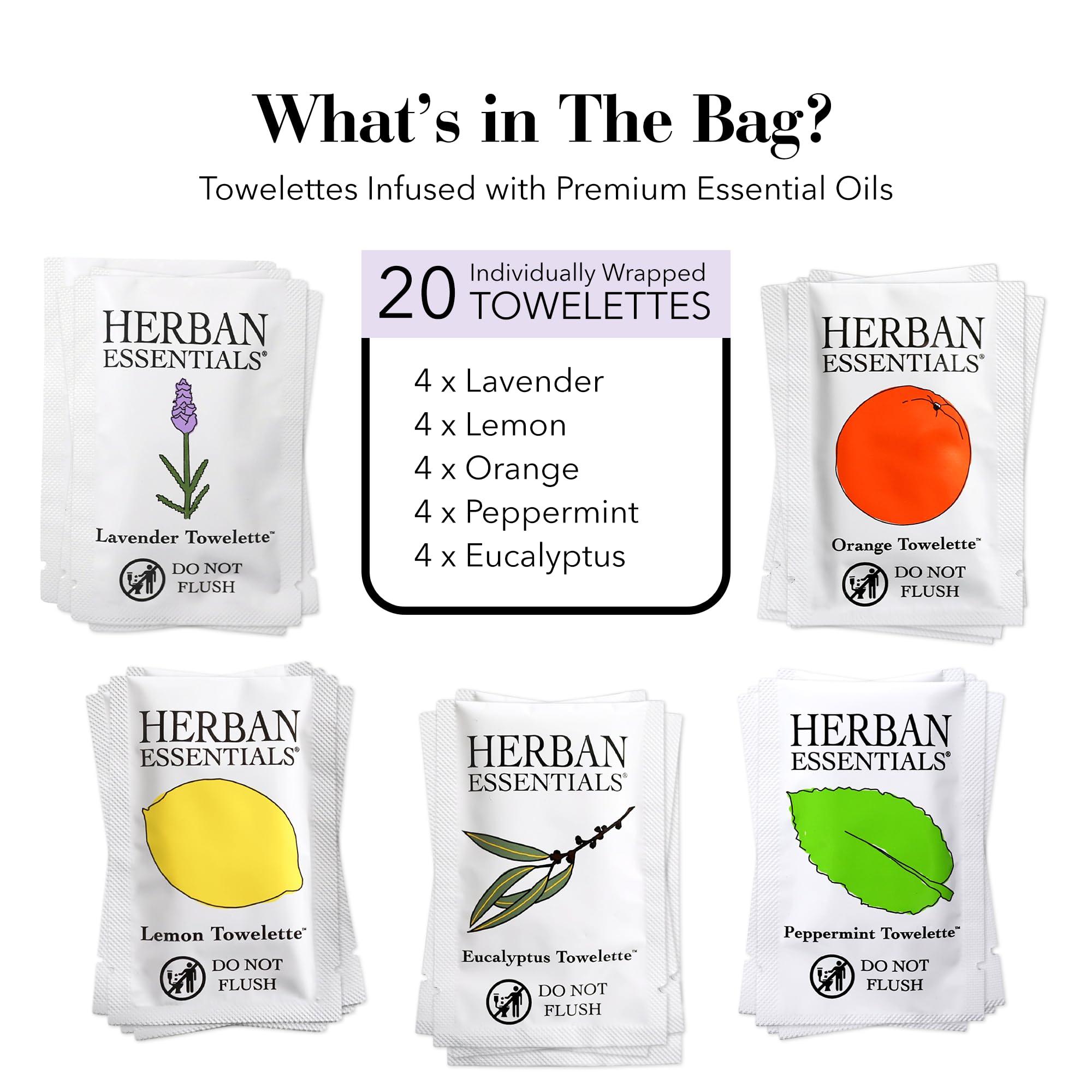 Herban Essentials Herban Essentials - Assorted Wipes & Towelettes - Essential Oil Wipes for Hands, Face and Body - Travel Size Essentials and Toiletries - Natural, Individually Wrapped, Disposable and Moist (20 count)