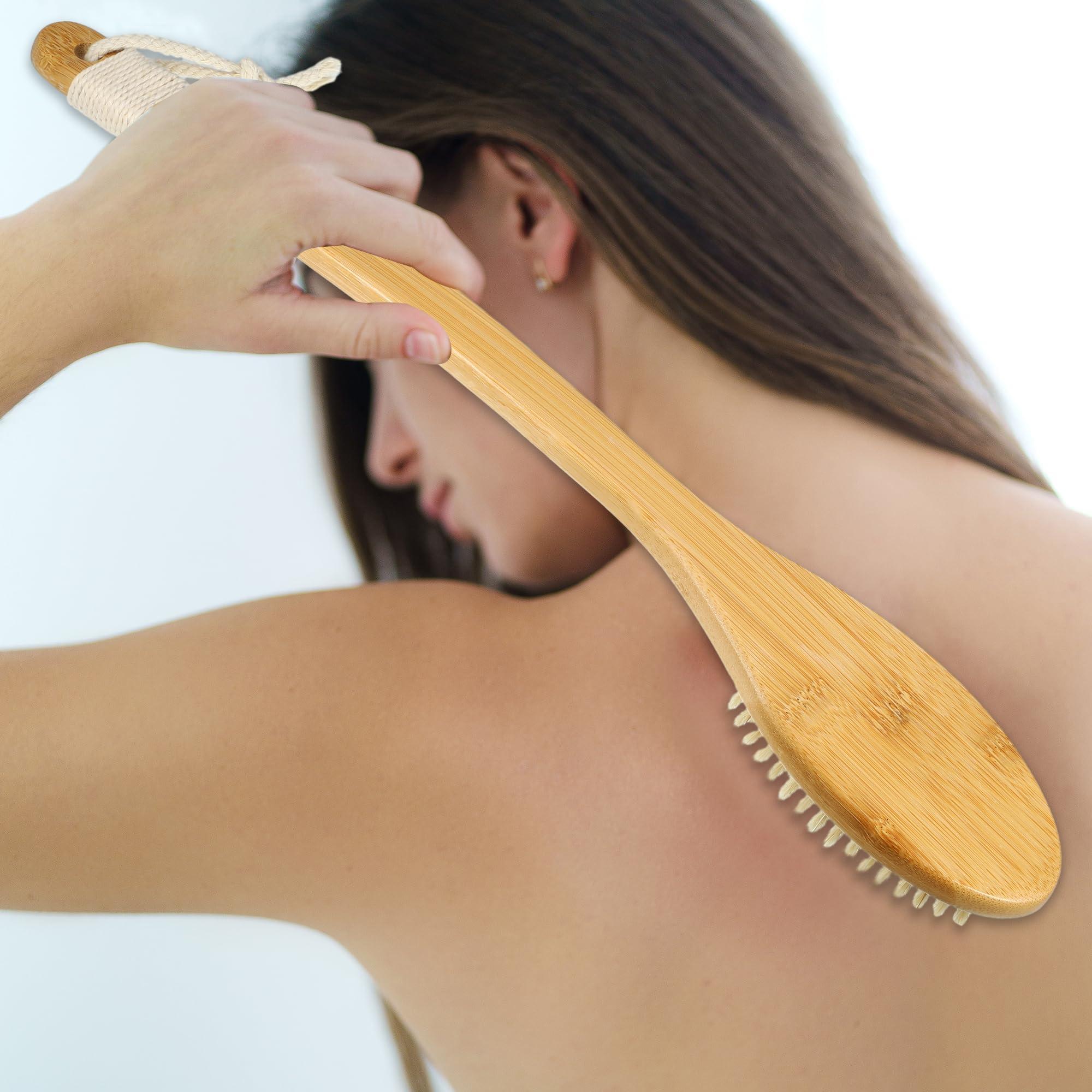 VOCOSTE VOCOSTE Boar Bristle Dry Brushing Body Brush, 18inch Bath Brush Curved Long Handle for Shower, Wooden Body Brush for Showering and Exfoliating, Body Scrubber for Men Women