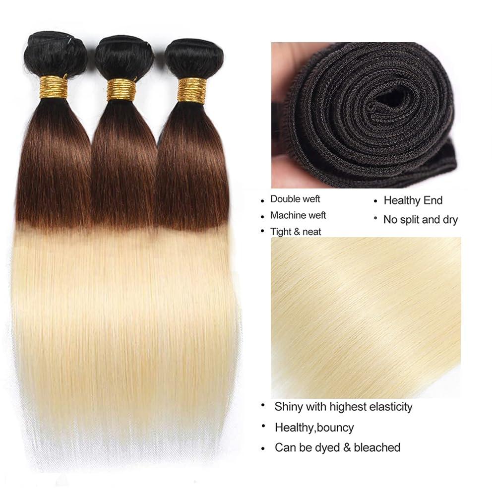 CnumGunm T1B/4/613 Bundles 613 Straight Human Hair Bundles Natural Black Straight Bundles 30 30 30 Inch 3 Bundles 3 Tone Color #4 Brown and 613 Blonde Bundles Human Hair Weave