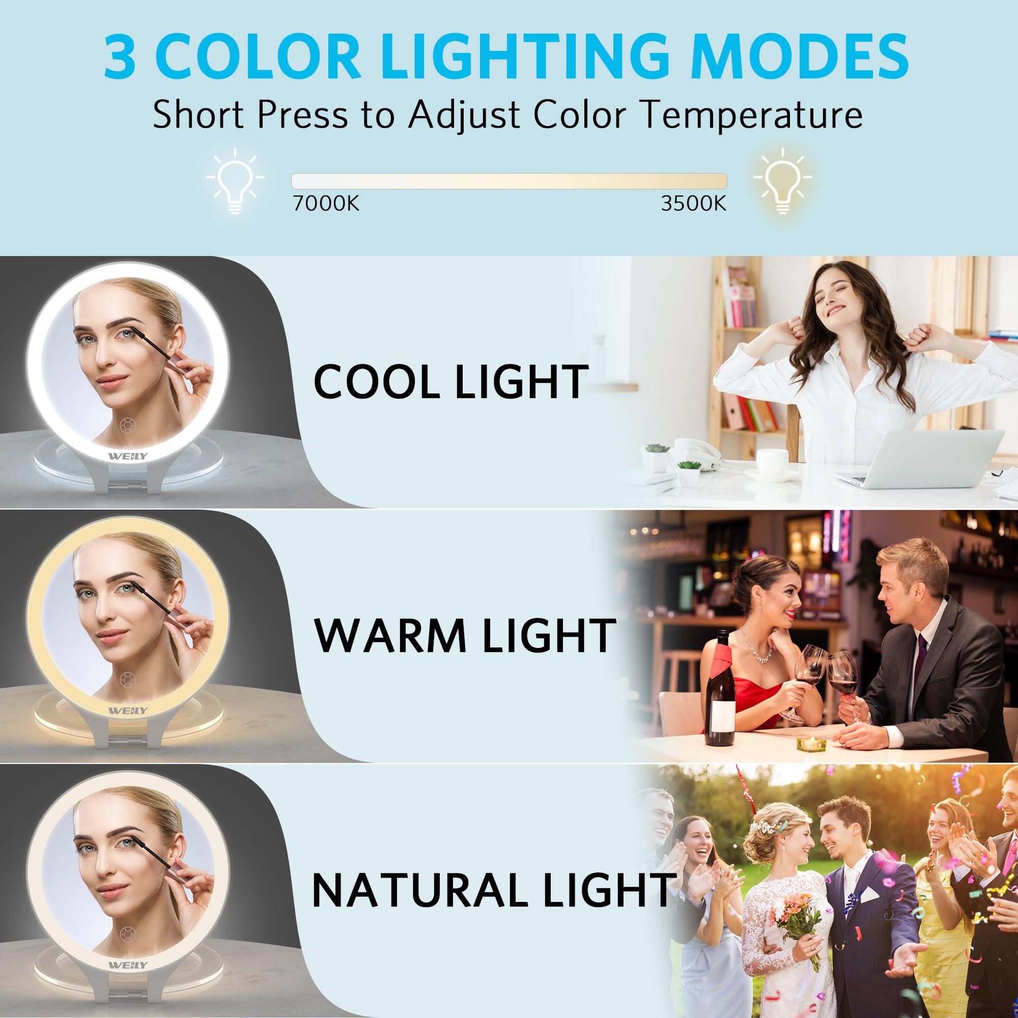 WEILY WEILY Magnifying Mirror with Light, 10X/1X Magnification Double-Sided Travel Makeup Mirror, with 3 Color Lights, Touch Control, Rechargeable Portable Mirror for Bedroom, Bathroom (White)