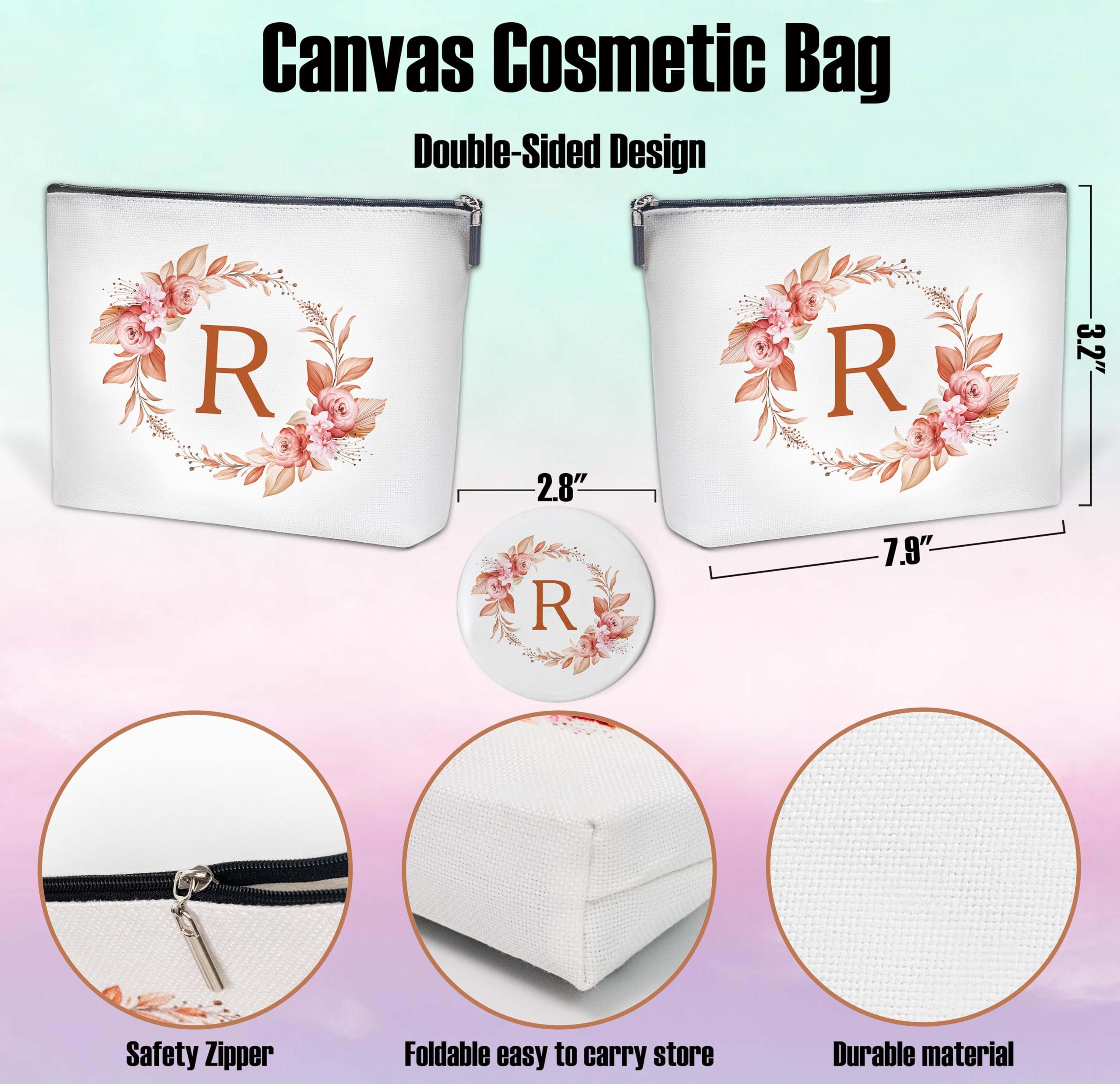 rorusio rorusio Initial Letter Canvas Cosmetic Bag,Travel Makeup Bag with Zipper and Makeup Mirror,Personalized Makeup Bag,Floral Makeup Pouch,Bridal Shower Gift Bags,Bridesmaid Gifts,Birthday Gifts-R