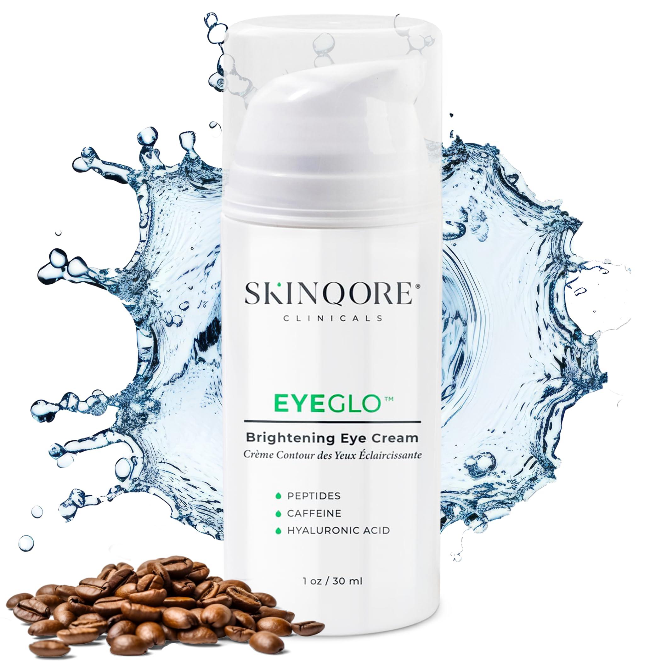 Skinqore Clinicals EyeGLO Caffeine Eye Cream for Dark Circles, Eye Bags, and Puffiness | UnderEye Treatment for Women with Peptides, Antioxidants, Hyaluronic Acid | Natural Brightening EyeCream - 1 Oz