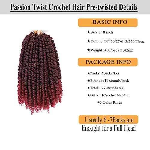 Flagship Short Passion Twist Hair 10 Inch Ombre Red Burgundy Pre-twisted Passion Twists Crochet Hair Pre-looped Curly Crochet Hair for Black Women (7Packs,Tbug)