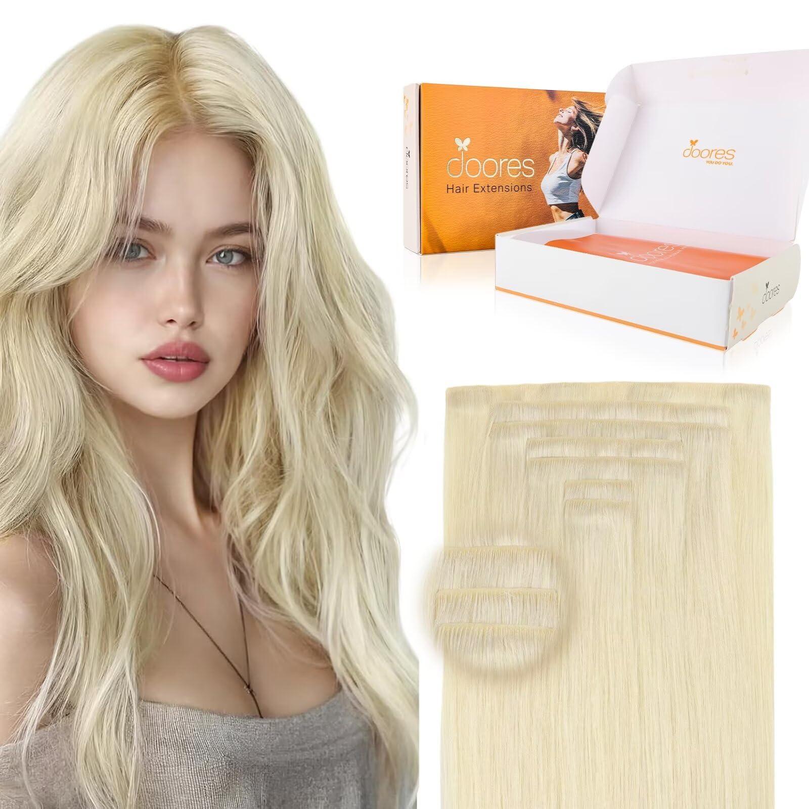 DOORES DOORES Clip in Hair Extensions Human Hair 18 inch 110g 7pcs, Platinum Blonde Virgin Human Hair Clip in Extensions, Invisi Edge Clip in, Silky Straight Human Hair Extensions for Women