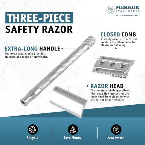 MERKUR MERKUR 24C Safety Razor For Women with 10 Double Edge Blades | Extra Long Handle | Three-piece Razor | Straight Cut | Bright Chrome Finish | Made in Germany