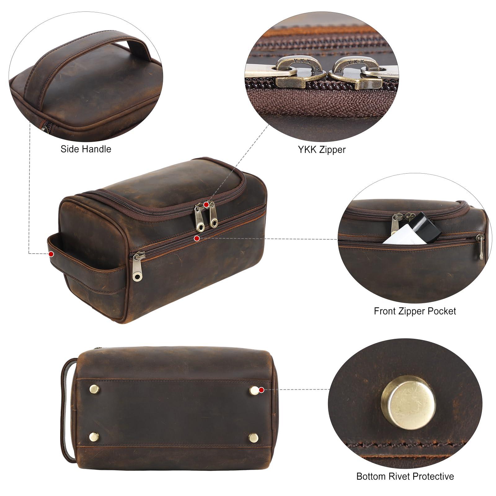 TIDING TIDING Men\'s Leather Hanging Toiletry Bag Portable Travel Dopp Kit Cosmetics Makeup Toiletries Organizer Shaving Kit Wash Bag