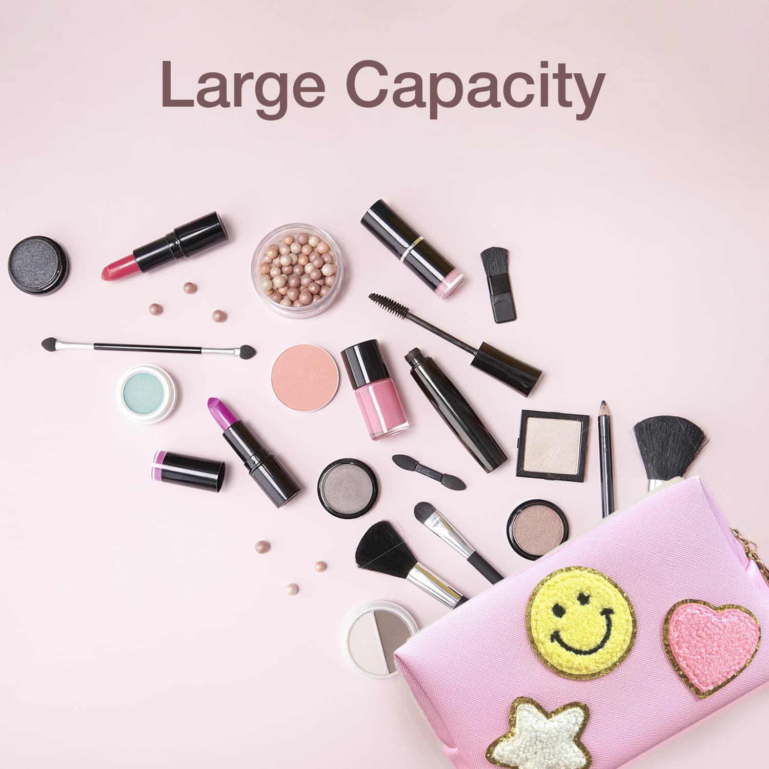 Nylea Nylea Preppy Stuff Patch Makeup Bag, PU Leather Smiley Face Makeup Bag Portable Waterproof Small Pouch, Daily Use Travel Cosmetic Pouch for Women Girls Gift (HOT PINK)