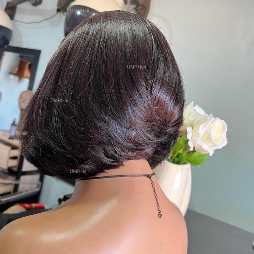 UMRHair Layered Haircut Face Framing Frontal Wigs for Women 13X6 Deep Part Short Cut Bob Wig Human Hair 13x6 Frontal Lace Glueless Wig Natural Black 8inch 130Density