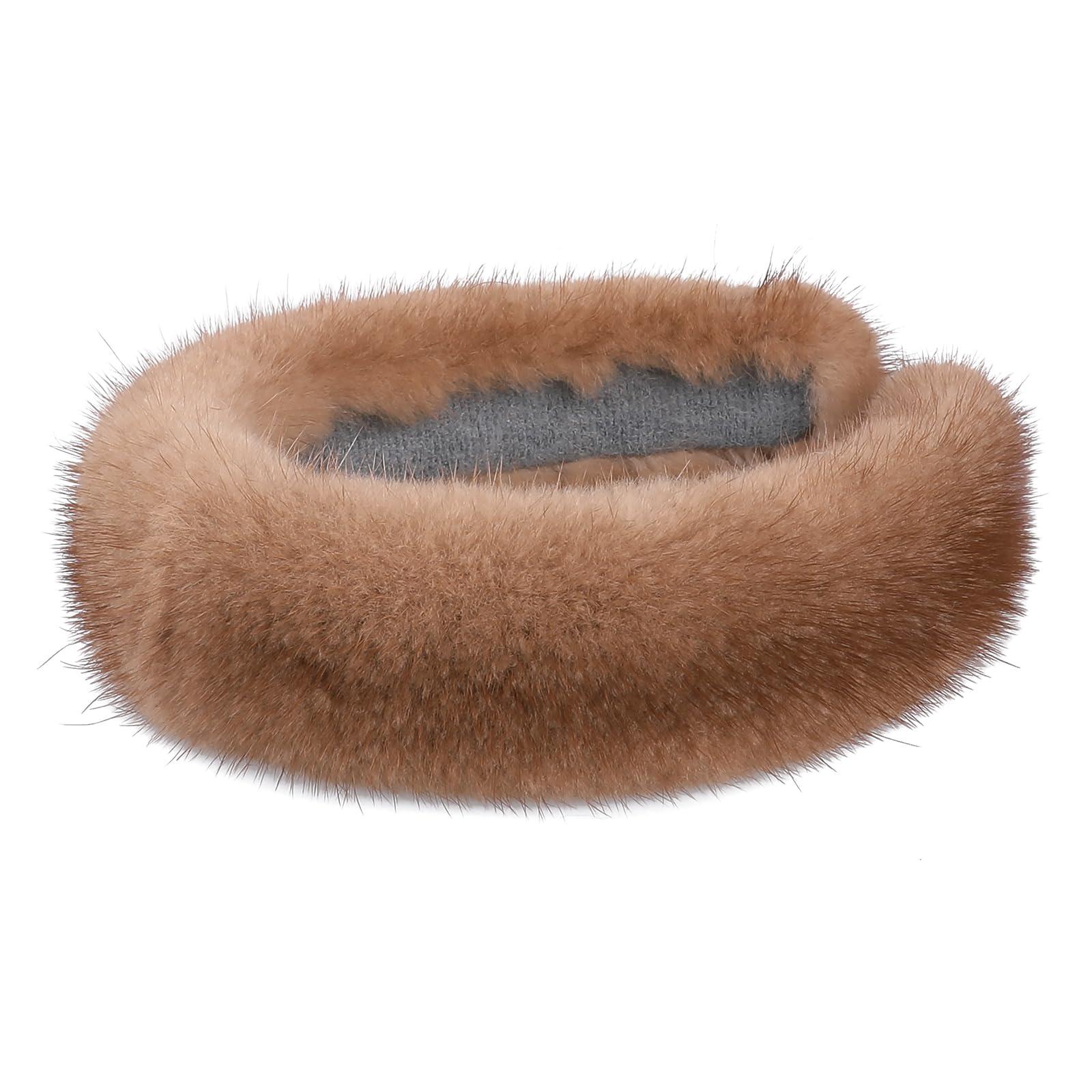BOONJOVIA Women's Genuine Mink Fur Hairband, Real Fur Makeup Headband, Lady Luxury Hair Accessory (Light Brown, One Size)