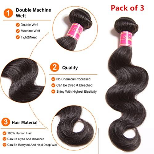 Nadula Nadula Hair 12A Brazilian Body Wave Virgin Human Hair 3 Bundles 10 12 14, 100% Unprocessed Brazilian Wavy Human Hair Weave Extensions for Black Women Natural Color
