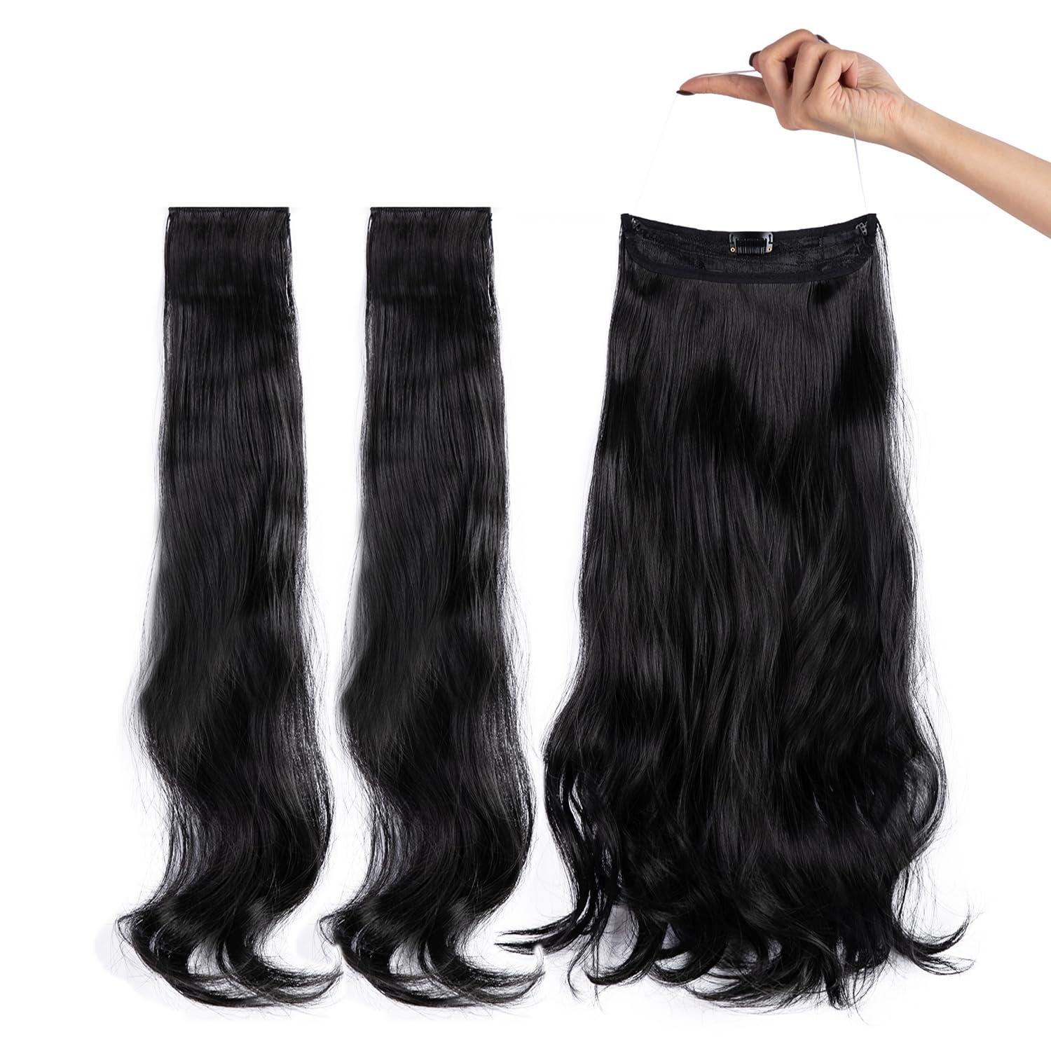 Daimeisy Upgrade Invisible Halo Hair Extensions with 3 PCS Set Headband Adjustable Long Wavy Secret Natual Black Wire Hair Extensions for Women