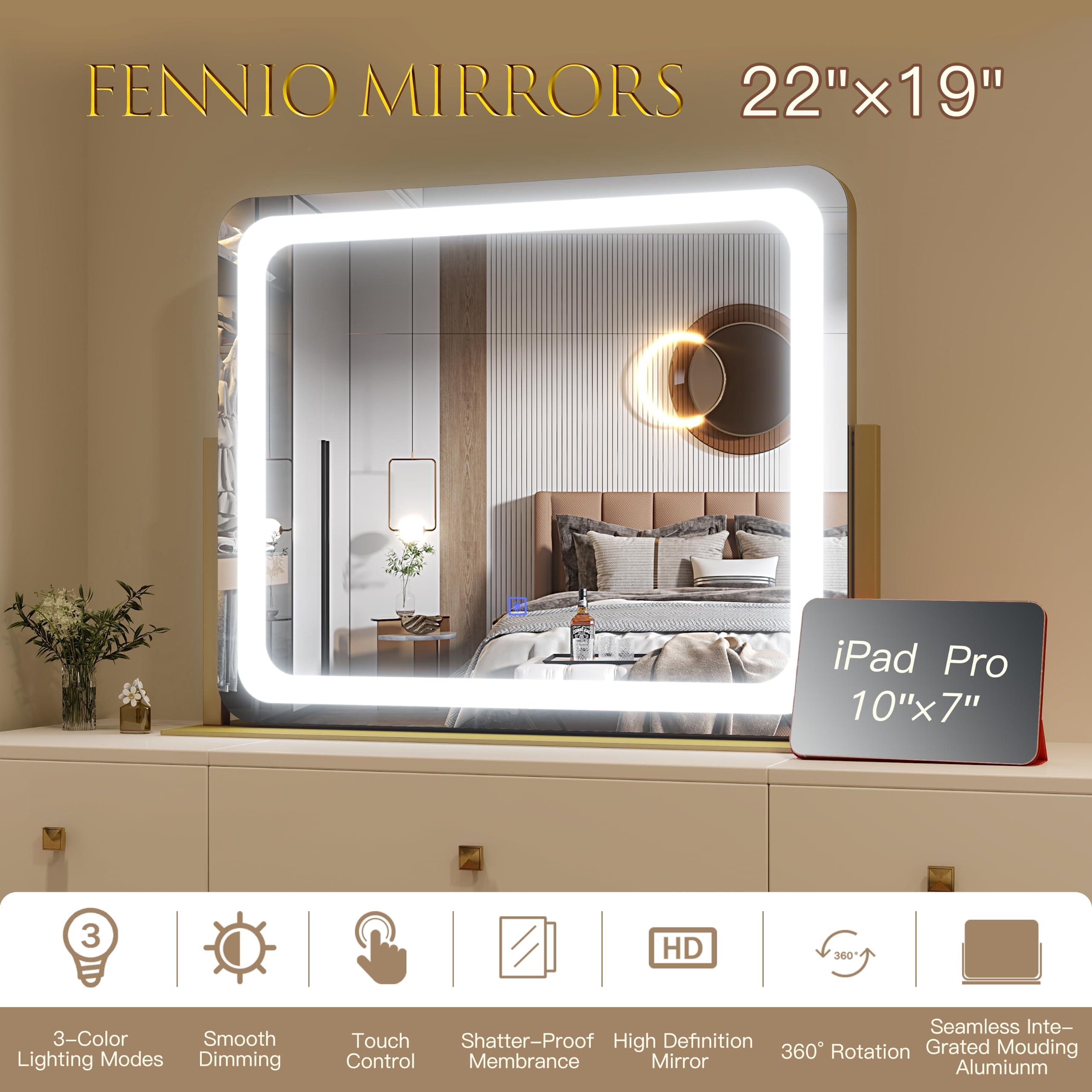 FENNIO FENNIO Gold Vanity Mirror with Lights 22\"x19\", LED Lighted Makeup Mirror, Large Makeup Mirror, Make up Mirror with Lighting,Touch Screen with 3-Color Lighting,Dimmable,for Vanity Desk Tabletop