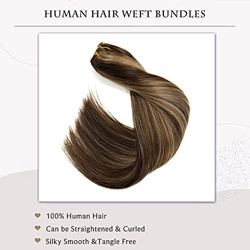 Ubetta Sew in Hair Extensions Real Human Hair,Balayage Weft Hair Extensions Human Hair Dark Brown Highlighted Ash Brown Hair Extensions Human Hair Bundles Hand Tied Weft Hair Extensions Human Hair 22" 120G
