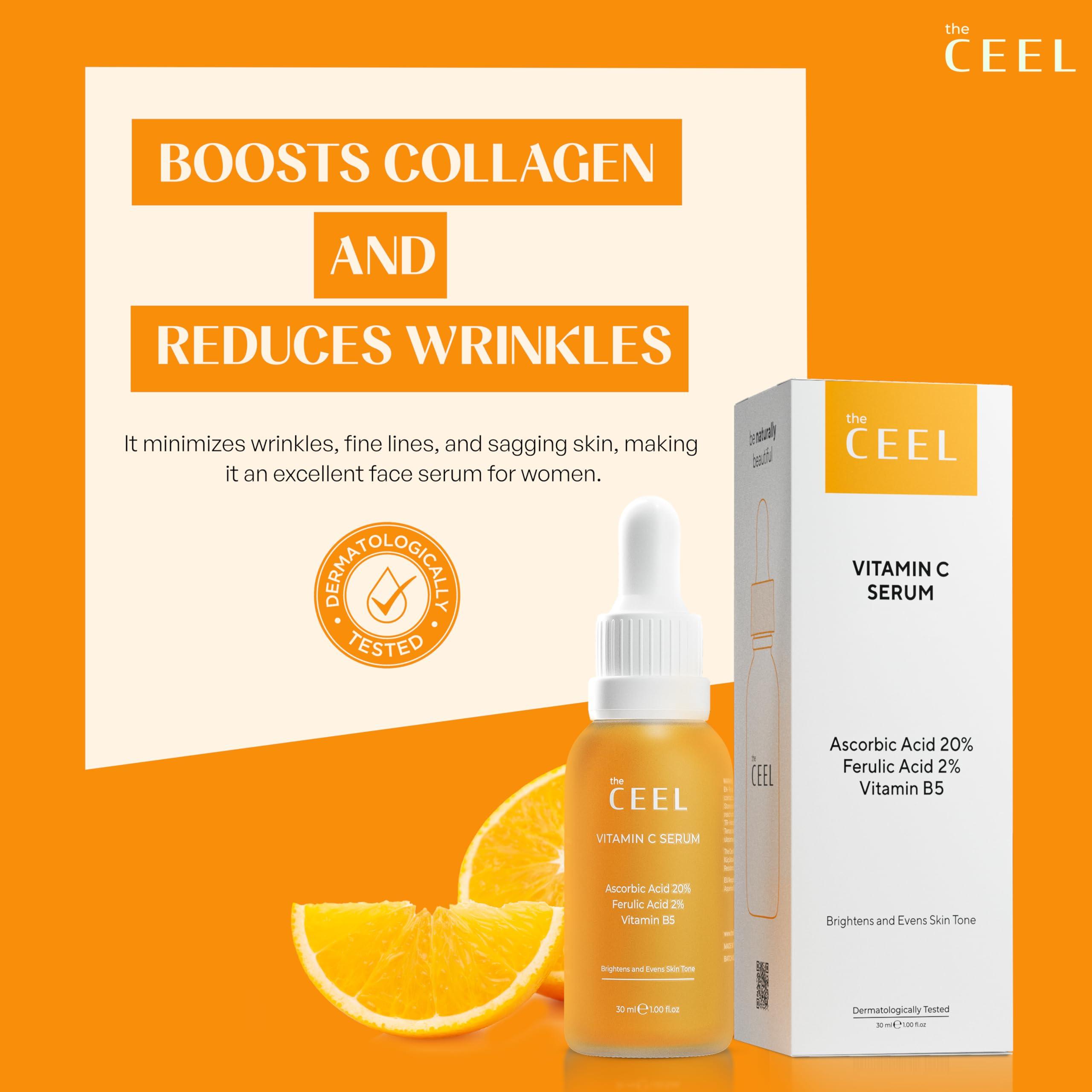 The Ceel The Ceel 20% Vitamin C Brightening Anti-Aging Serum for Face with Ascorbic, Ferulic Acid & Vitamin B5 - Paraben & Perfume Free Skin Care Formula for Hydration, Wrinkles, Dark Spots, & Radiance - 30ml