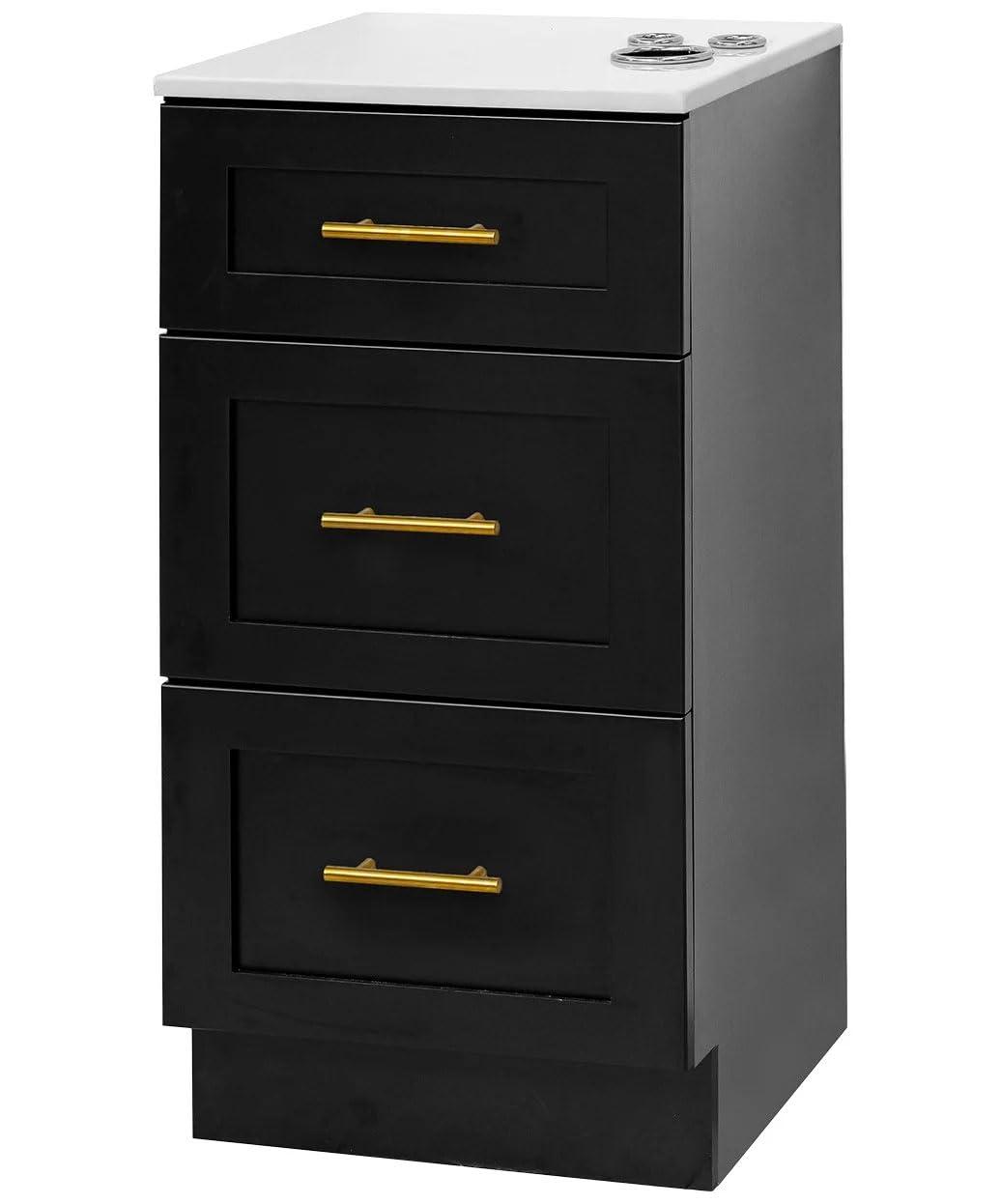 Pibbs Pibbs 6050 Shaker Styling Station for Professional Salons and Barbershops, Built-in Appliance Holders, Black Cabinet, White Stone Top, Gold Handles, PIB-6050-BLK-WHT-GLD