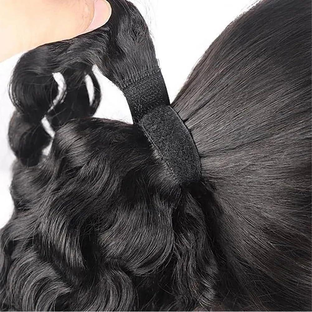 Kiss darling LASHES Drawstring Ponytail Extension Human Hair Water Wave Ponytail with Magic Paste Warp Around Wet & Wavy Curly Remy Hair Ponytail for Women 14inch 100g Natural Black
