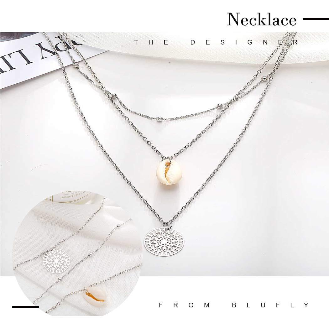 Blufly Blufly Layered Coin Pendant Necklace Silver Shell Necklaces Beads Necklace Chain Boho Jewelry for Women