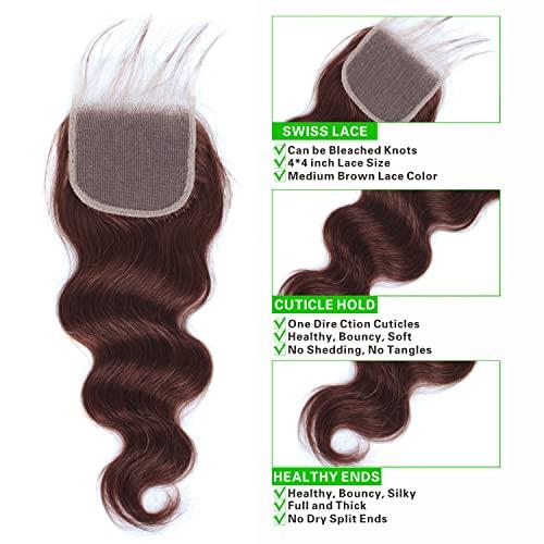 Kapelli Hair Kapelli Hair Brazilian Body Wave Bundles with Closure (12 14 16+12) 10A Light Brown Body Wave Human Hair Bundles with Lace Closure Brazilian Virgin Hair 3 Bundles with Lace Closure with Baby Hair