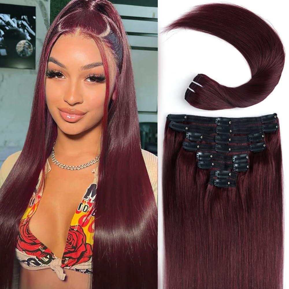 Nvnvdij Burgundy Red Hair Extensions Clip in Human Hair Double Weft Clip in Hair Extensions Red Wine Clip in Extensions Human Hair Full Head #99J (22 Inch #99J)