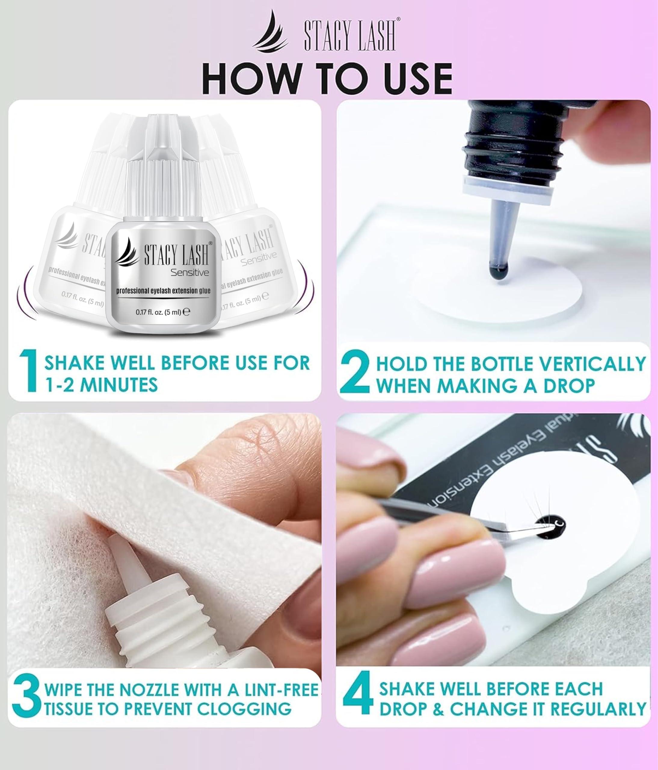 STACY LASH Sensitive Eyelash Extension Glue Stacy Lash 0.17fl.oz/5ml / 5-6 Sec Drying time/Retention 4-5 Weeks/Black Adhesive/Professional Supplies