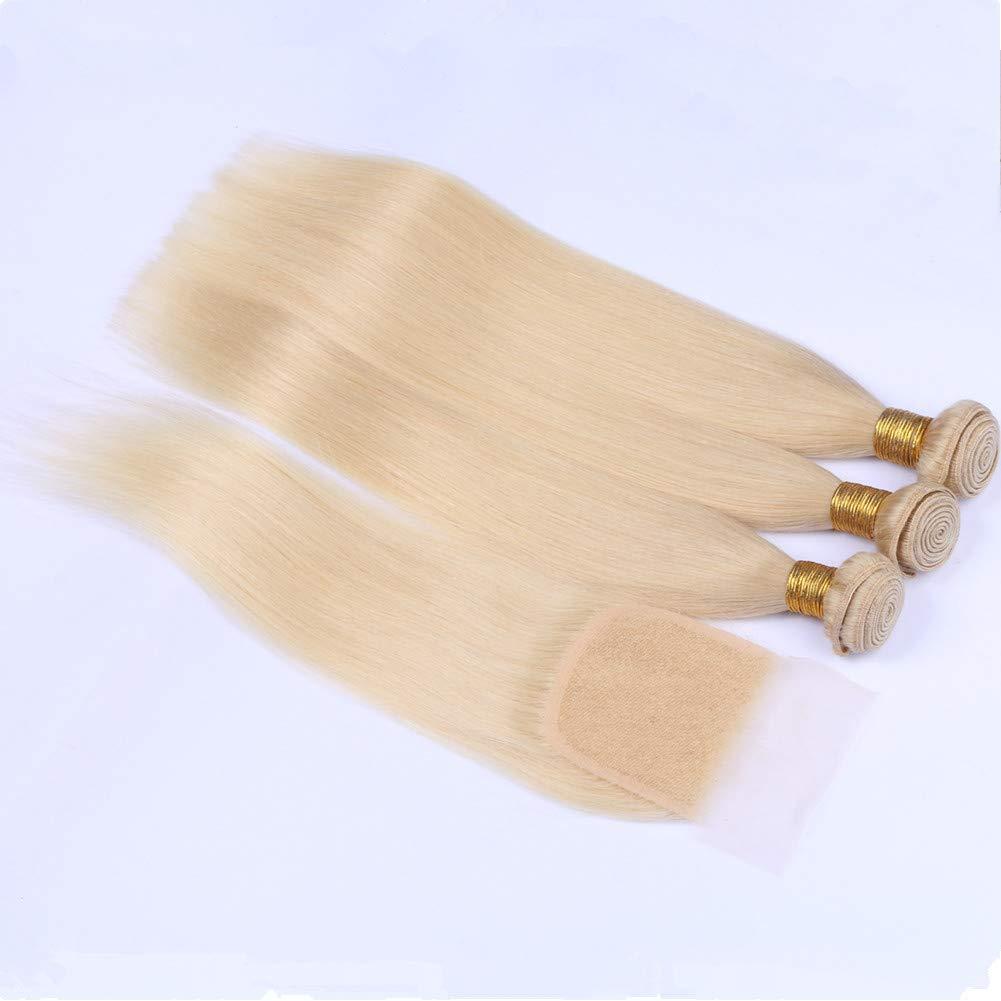 Tony beauty hair Tony Beauty Hair #613 Blonde Straight Human Hair 3 Bundles with Closure Bleach Blonde Brazilian Hair Weave Wefts with Closure Silky Straight Hair Bundles with 4x4 Lace Closure (18 20 22+16)