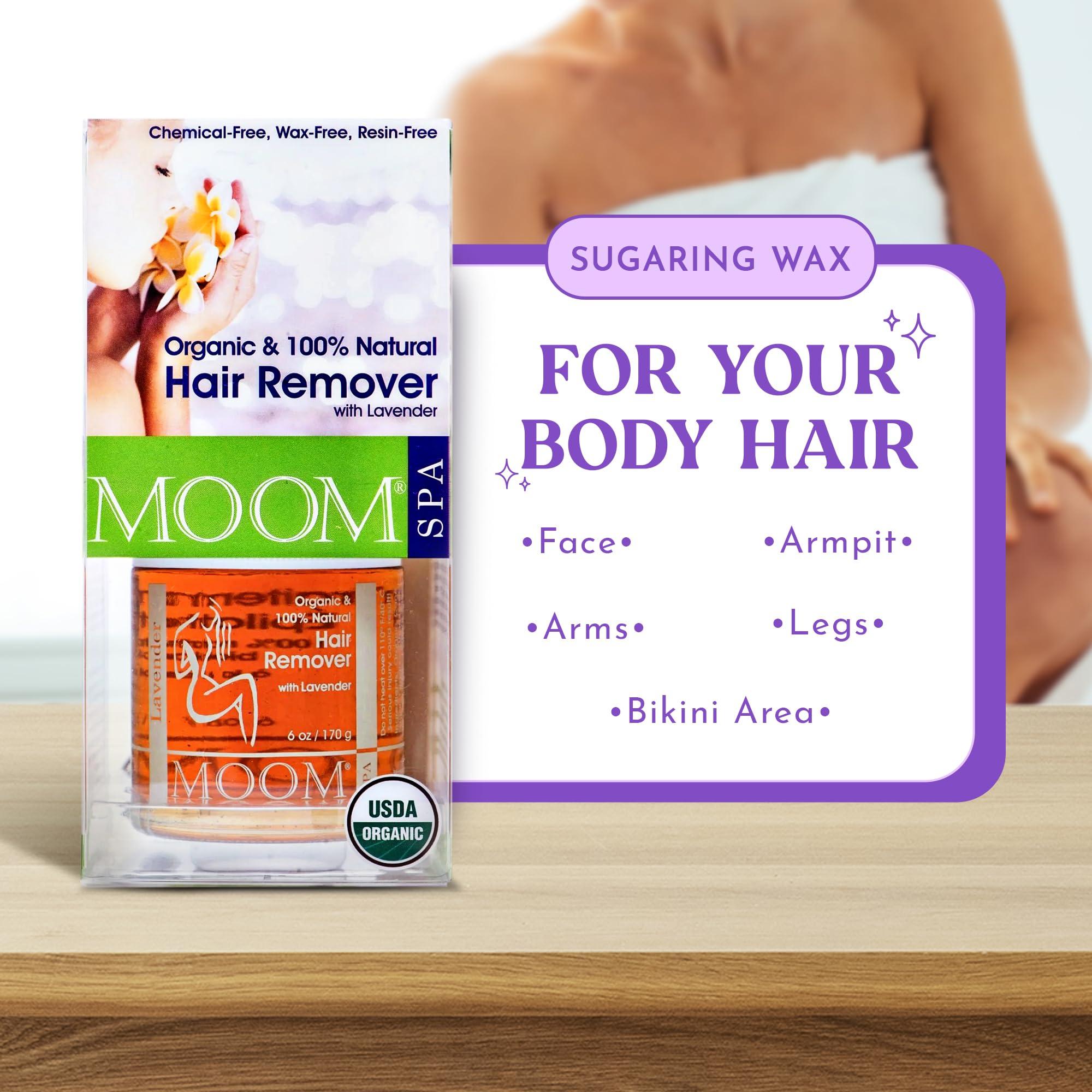 MOOM MOOM - Organic Sugar Wax Hair Removal Kit, For Underarm, Face and Bikini Zone, Waxing Kit Includes Sugar Wax Infused with Lavender, Wax Strips & Waxing Sticks, Ideal for Sensitive Skin - 6 ounces