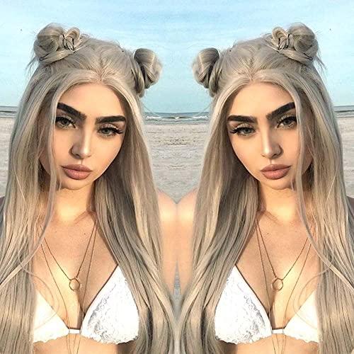melody wig Melody Long Silver Grey Wigs Long Natural Straight Hair Wigs For Women Hair Grey Lace Front Synthetic Wigs Ash Blonde Silver Platinum Heat Resistant Fiber Hair Wigs Middle Parting 24"