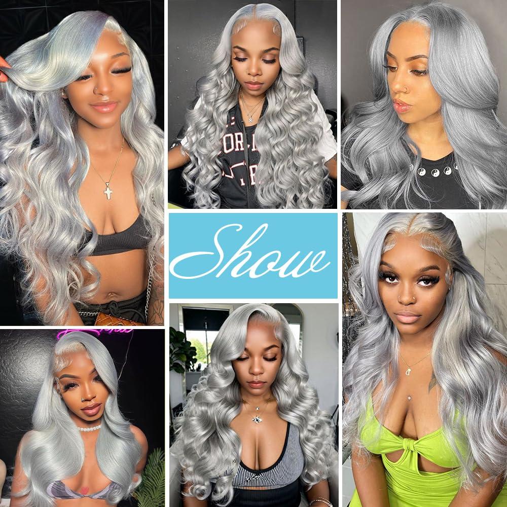 Manyisi Grey Lace Front Body Wave Wig - Human Hair 13x4 28 inch Pre-Plucked w/ Baby Hair 180% Density