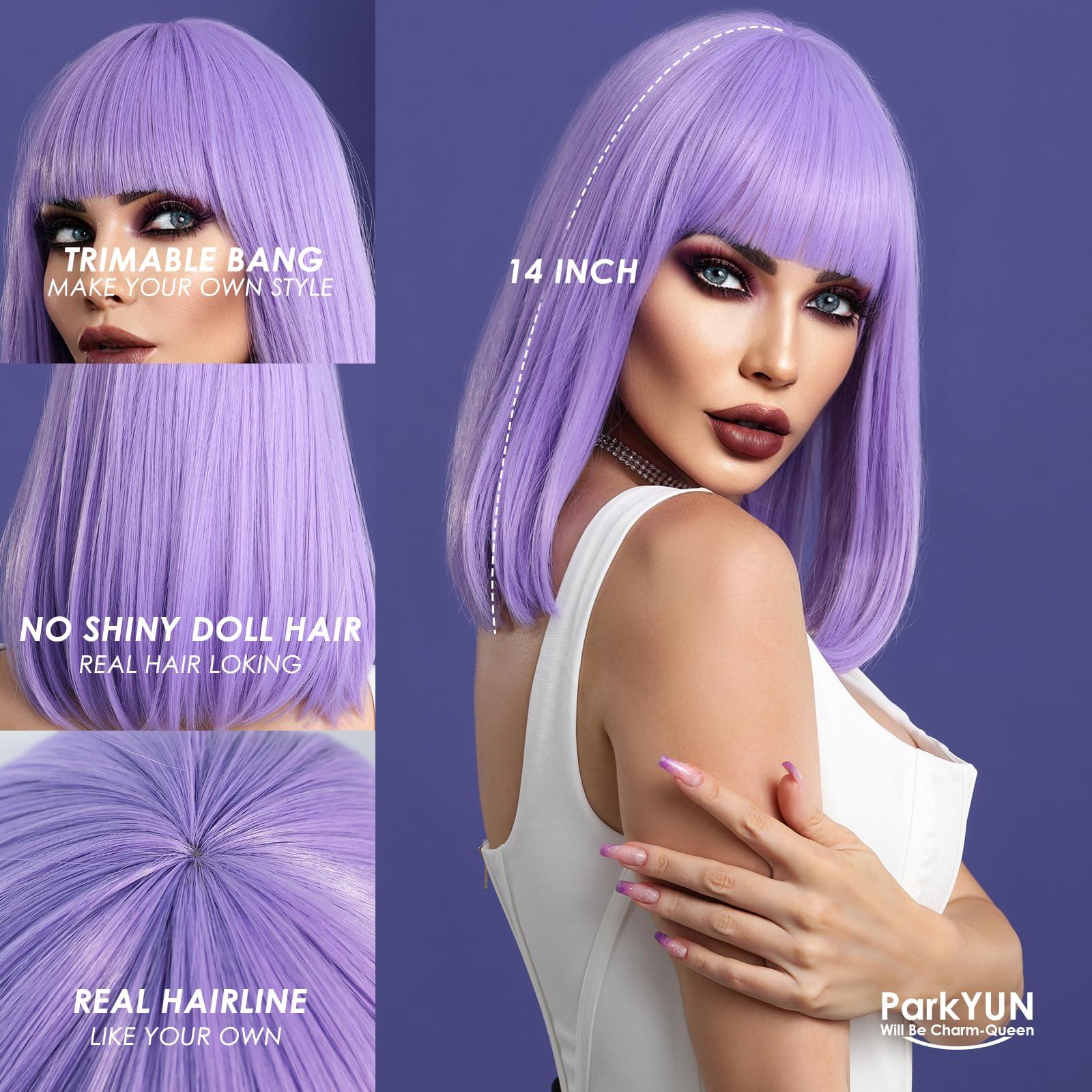 PARK YUN PARK YUN Short Purple Synthetic Bob Wig With Bangs 14 Inch Blunt Cut Bob Short Light Purple Hair Wigs for Women Straight Bob Shoulder Length Lavendar Lilac Wig for Cosplay Daily Party Wigs