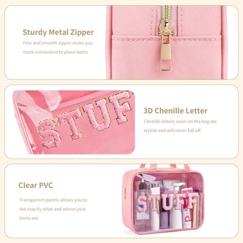 Glitzcharm Glitzcharm Clear Makeup Bag Transparent Cosmetic Bag Organizer for Women Waterproof Travel Toiletry Bag Portable Make up Bag with Chenille Letter, Large, Pink