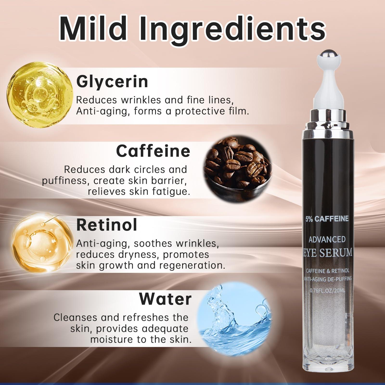mopayzer Caffeine Eye Cream for Puffiness & Dark Circles, Under Eye Cream for Puffy Eyes, Eye Bags & Wrinkles, 2 PCS Anti Aging Eye Serum with Under Eye Roller, Reduces Fine Lines & Moisturize Skin.