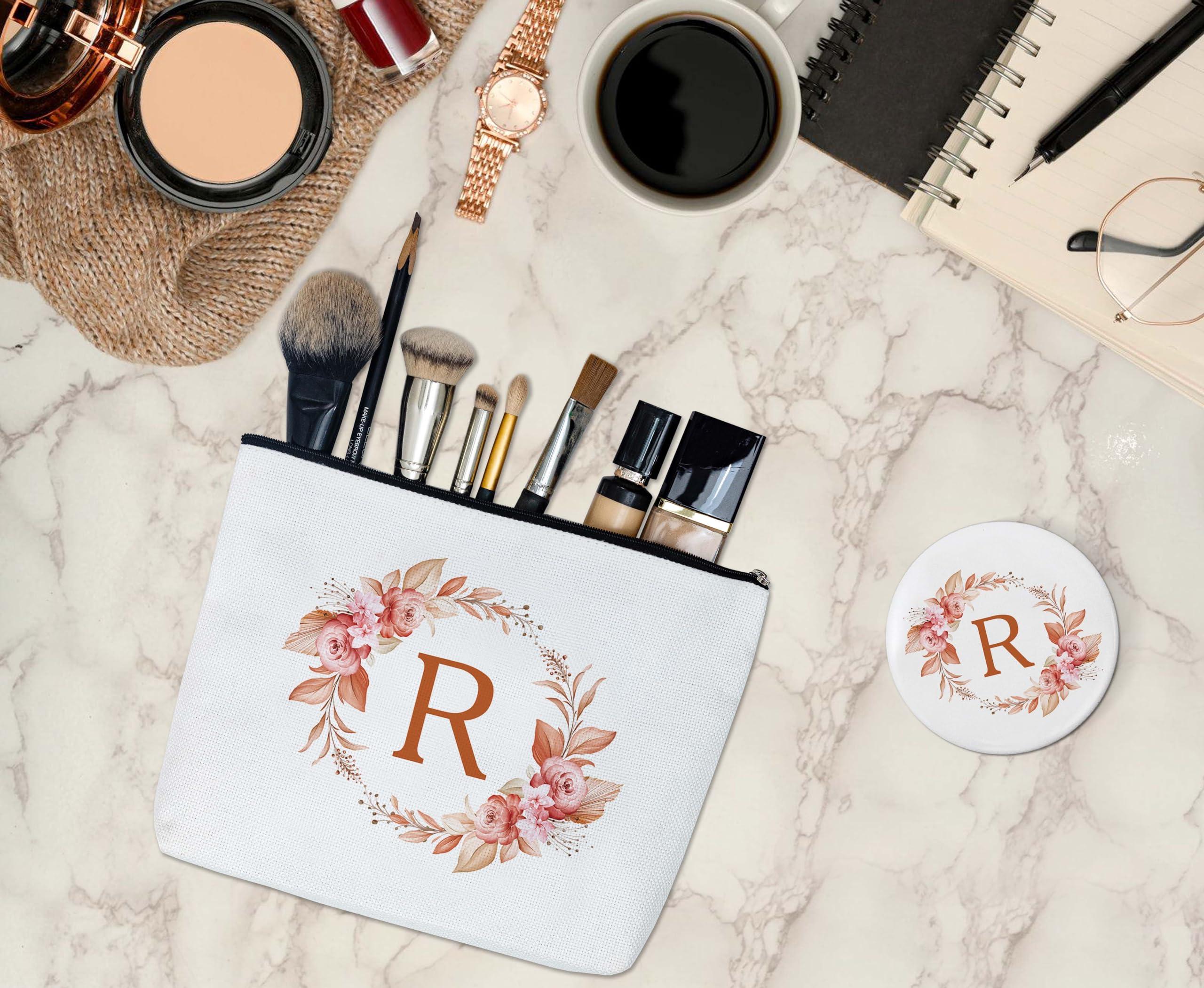 rorusio rorusio Initial Letter Canvas Cosmetic Bag,Travel Makeup Bag with Zipper and Makeup Mirror,Personalized Makeup Bag,Floral Makeup Pouch,Bridal Shower Gift Bags,Bridesmaid Gifts,Birthday Gifts-R
