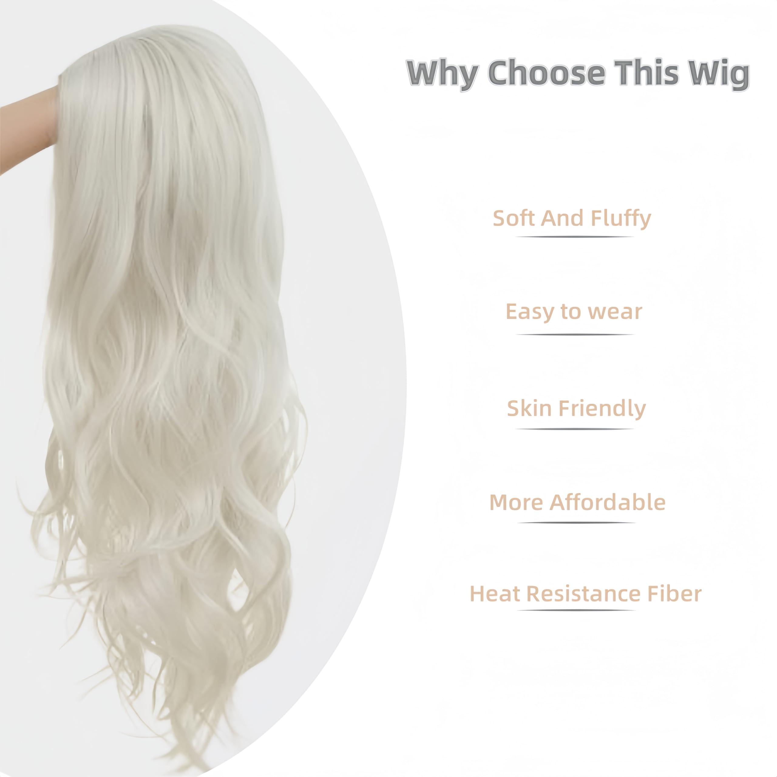 Siudus Siudus White Long Wig Curly Wavy Wigs for Women 26 Inch Synthetic Middle Part Fiber Natural Looking Hair Wig for Halloween Cosplay Party