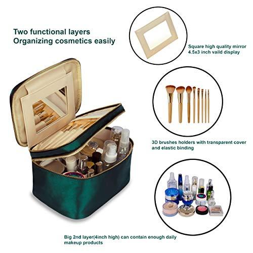 Eudora Eudora Double Layer Travel Makeup Bag, Green Nylon Satin Makeup Bag Organizer with Portable Mirror and Brushes holders, Large Cosmetics bag for Women (Green)