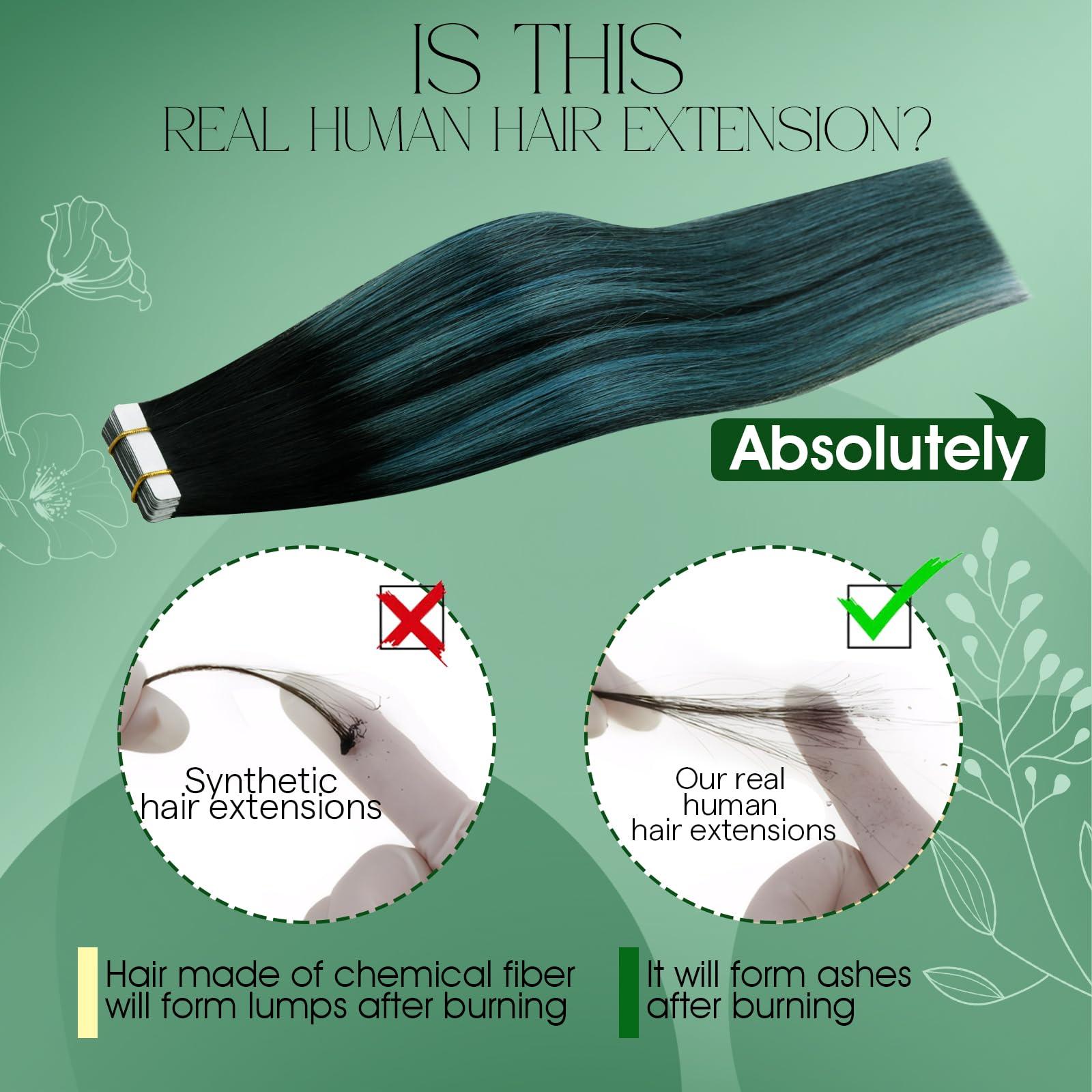 RUNATURE RUNATURE Black Ombre Tape in Hair Extensions Real Human Hair Tape in Extenions Short Natural Black to Blue Tape in Human Hair Extensions Teal Straight Glue in Hair Extensions Human Hair 12 Inch 30g