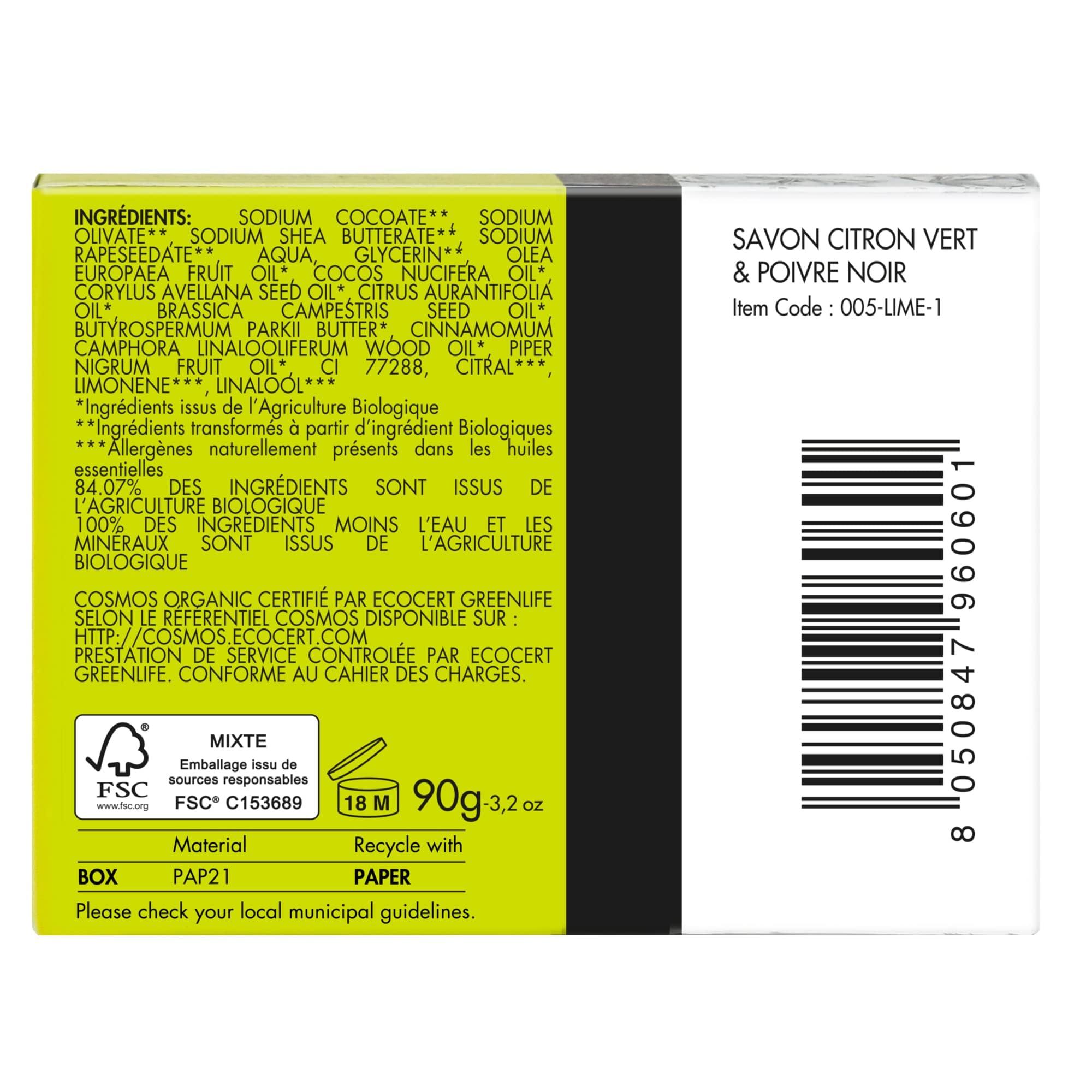 CRIN DE FLEUR CRIN DE FLEUR - Lime & Black Pepper Soap Bar,French Artisan Soap Handcrafted in South France, Cold Process, 3.2 oz