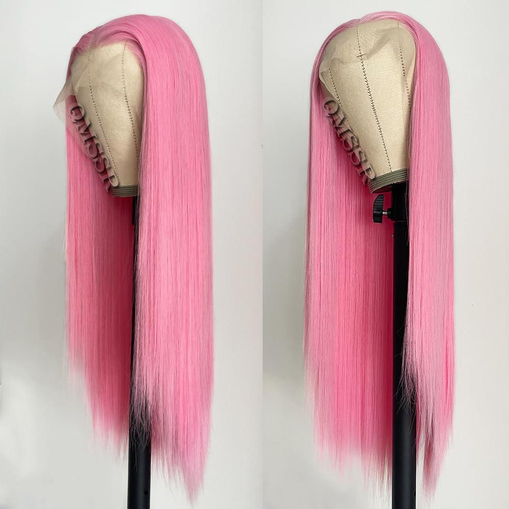 QMSSR QMSSR 13x6 Pink Synthetic Lace Front Wigs Pre Plucked Long Straight Hair Pastel Pink Lace Front Wigs for Fashion Women Heat Resistant Soft Hair Natural Hairline