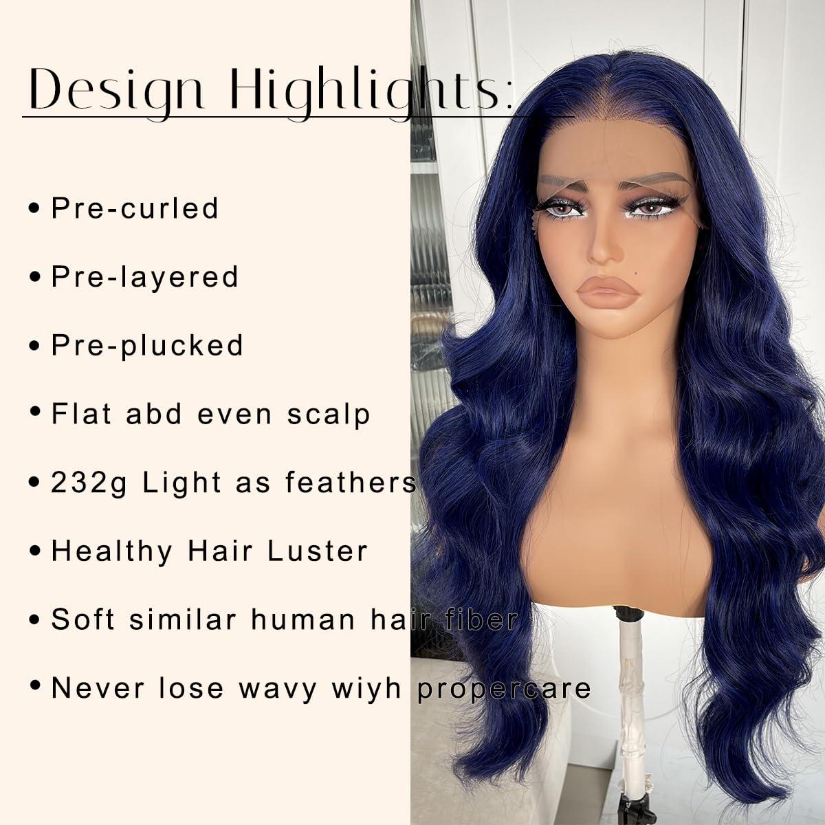 BlackSwern BlackSwern Dark Blue Wig Blue Body Wave Lace Front Wig, Glueless Lace Wig, Pre-plucked Pre-layered Body Wave Wig with Curtain Bangs for Black Women, 24