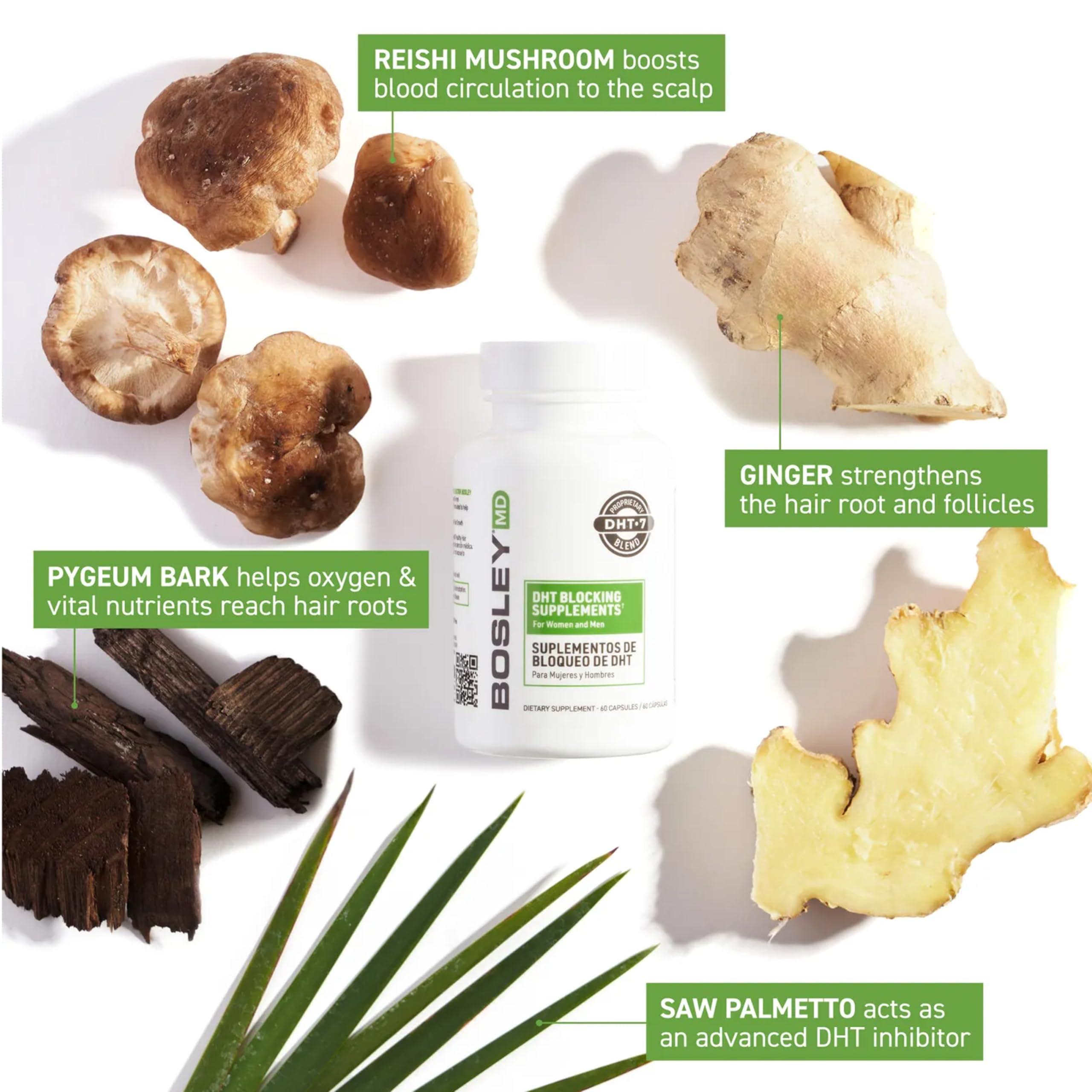 BosleyMD DHT Blocking Supplements DHT7 Blend with Saw Palmetto, Kelp, Reishi Mushroom, Green Tea, Nettle Leaf, Dandelion Root & Pygeum Bark Promotes Thicker, Fuller Hair for Men & Women 60 Capsules