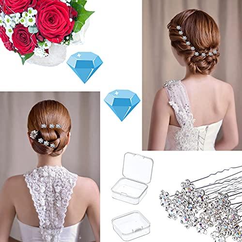 Songqee 40 Pieces Wedding Flower Hair Pins Rhinestone Hair Clips Prom Hair Accessories U Shape Barrette with a Storage Box for Bridal Wedding Women Hair Jewelry