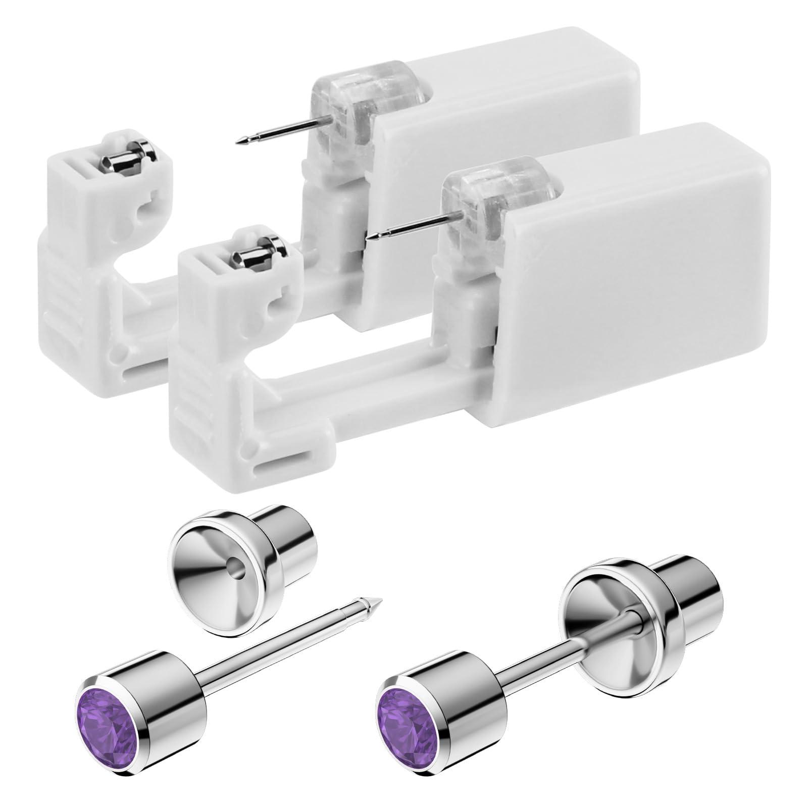 SugarTang Ear Piercing Kit, Disposable Ear Piercing Gun Kit, 316L Surgical Stainless Steel 3MM Cubic Zirconia Stud, At Home Self Ear Piercer Kit with Birthstone Earrings Stud(Dark purple)
