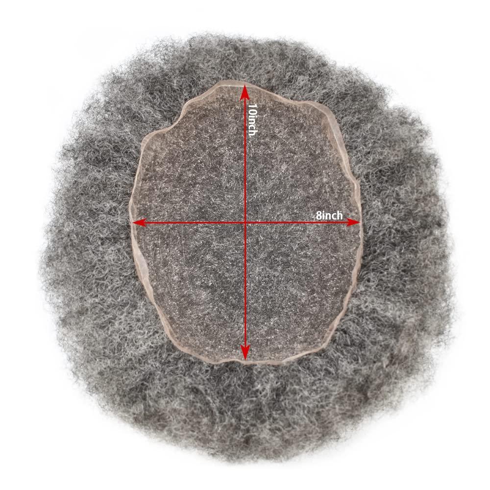 RESHE Wave Hair Unit Black Men Afro Toupee Kinky Curly Hair Replacement System Human Hair Piece For Black Men Afro Hair System African American Toupee 8\'\'X10\'\' 6MM Afro Wave #1B50 #1B OFF BLACK + 50% GREY