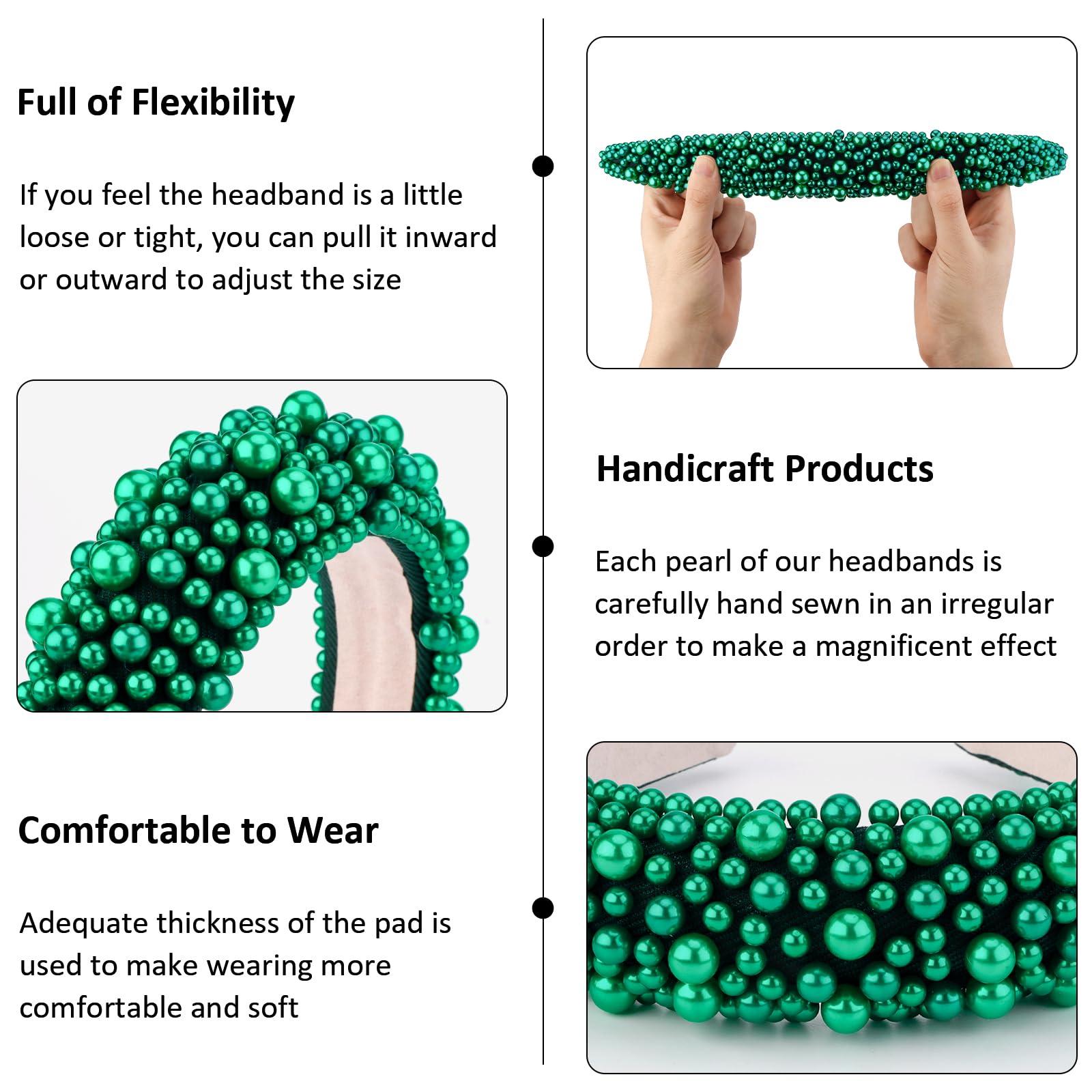 Hapdoo Hapdoo Dark Green Pearl Headbands for Women, Wide Padded Hair Hoop with Faux Pearl for Bridal, Bling Wedding Hairbands Hair Accessories for Women Girls